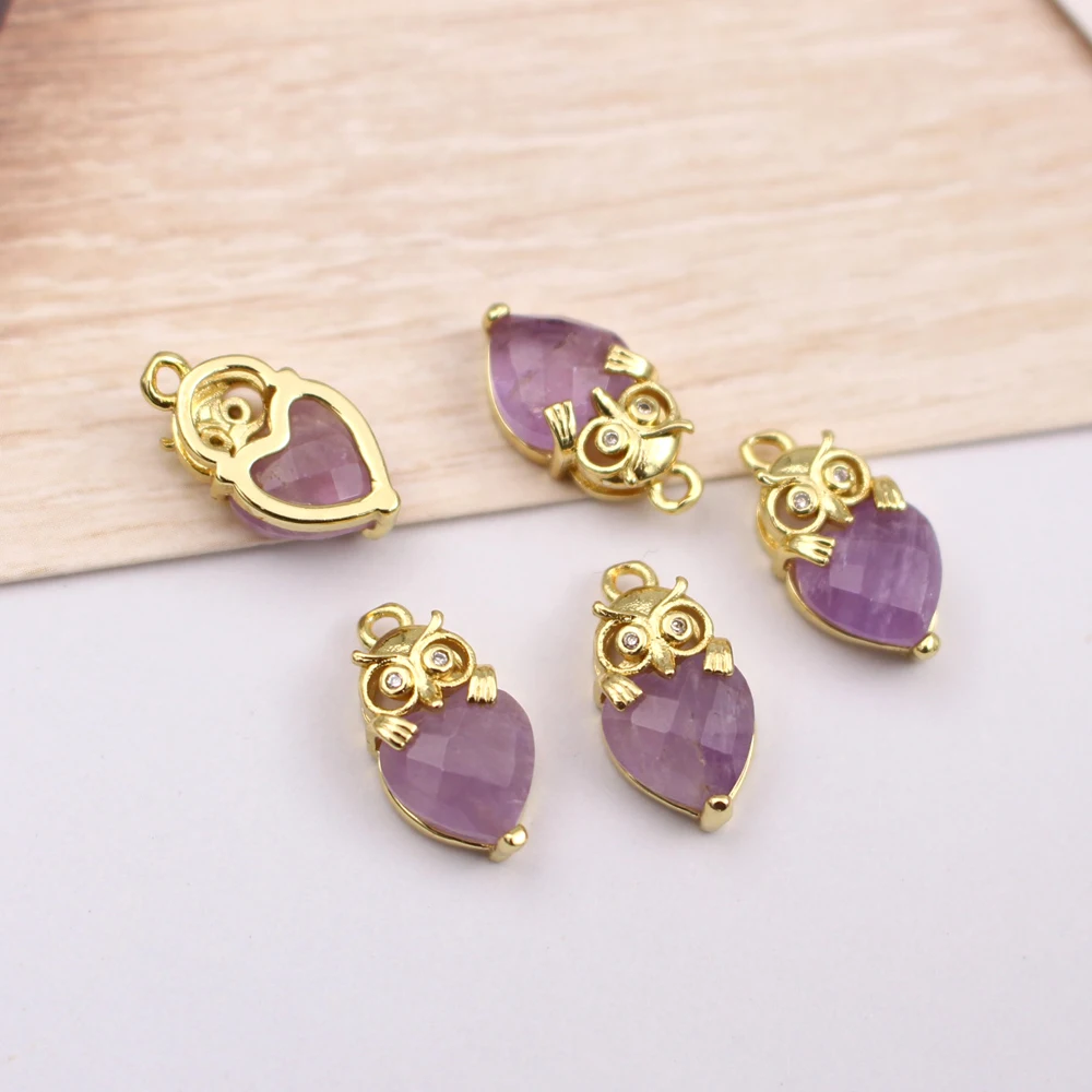 10pcs DIY Jewelry Accessories Owl Shape Natural Labradorite Stone Green Jade Stone Pendant CZ Charms