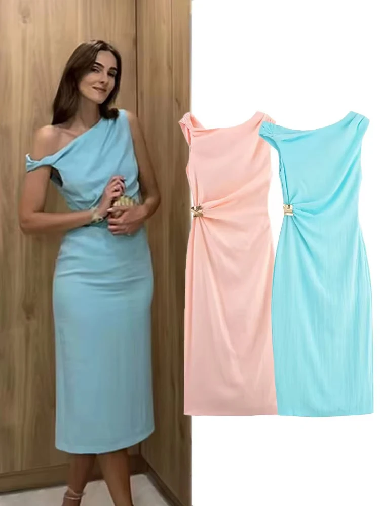 

HH Woman's Summer Fashion Style Slit Slim Solid Asymmetry Sleeveless Midi Dress Female Temperament Sexy 2-Color Long Dress