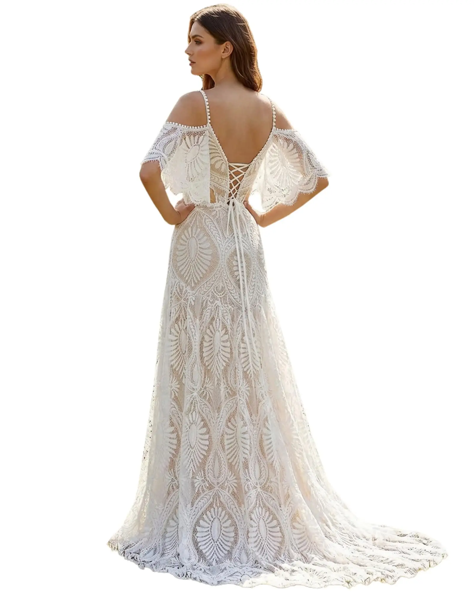 Women's Boho Lace Sheath Wedding Dress with Removable Sleeves