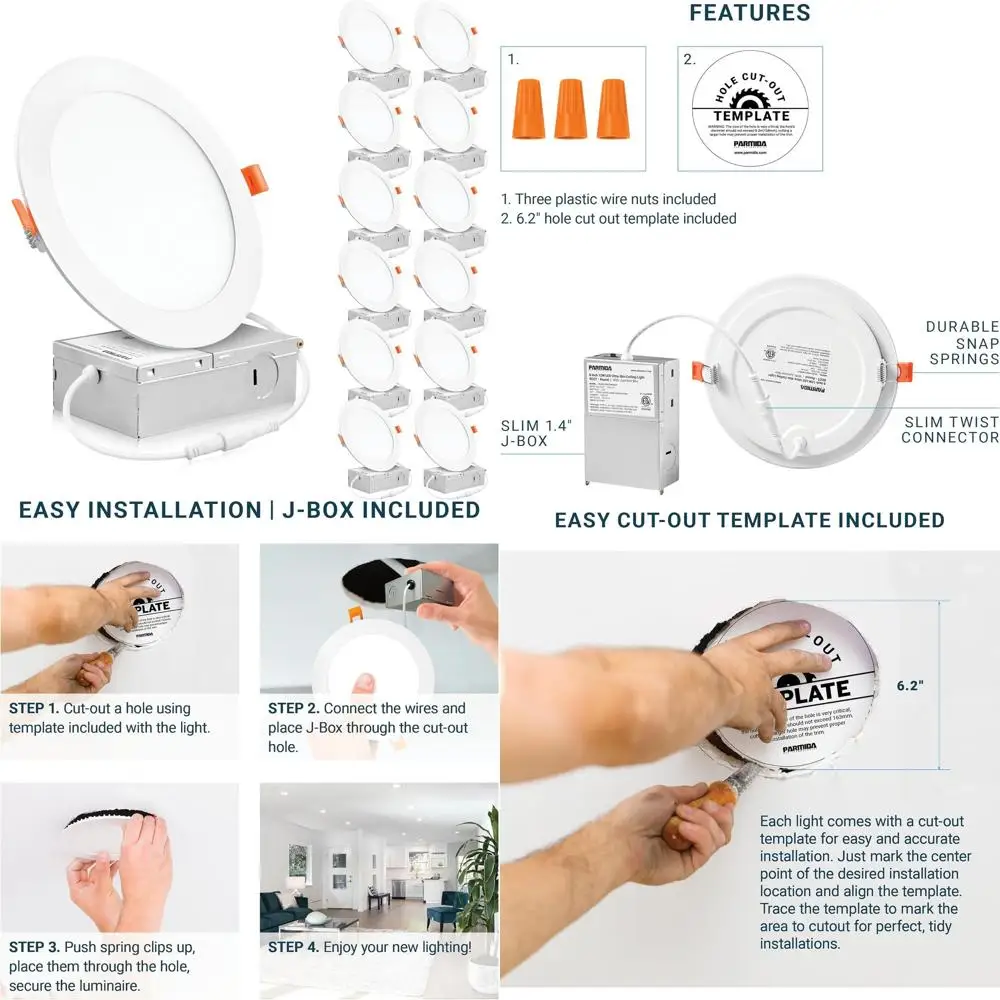 

6-Pack Ultra-Thin 6 LED Recessed Ceiling Lights, 12W, Dimmable, IC Rated, ETL-Listed, 5000K