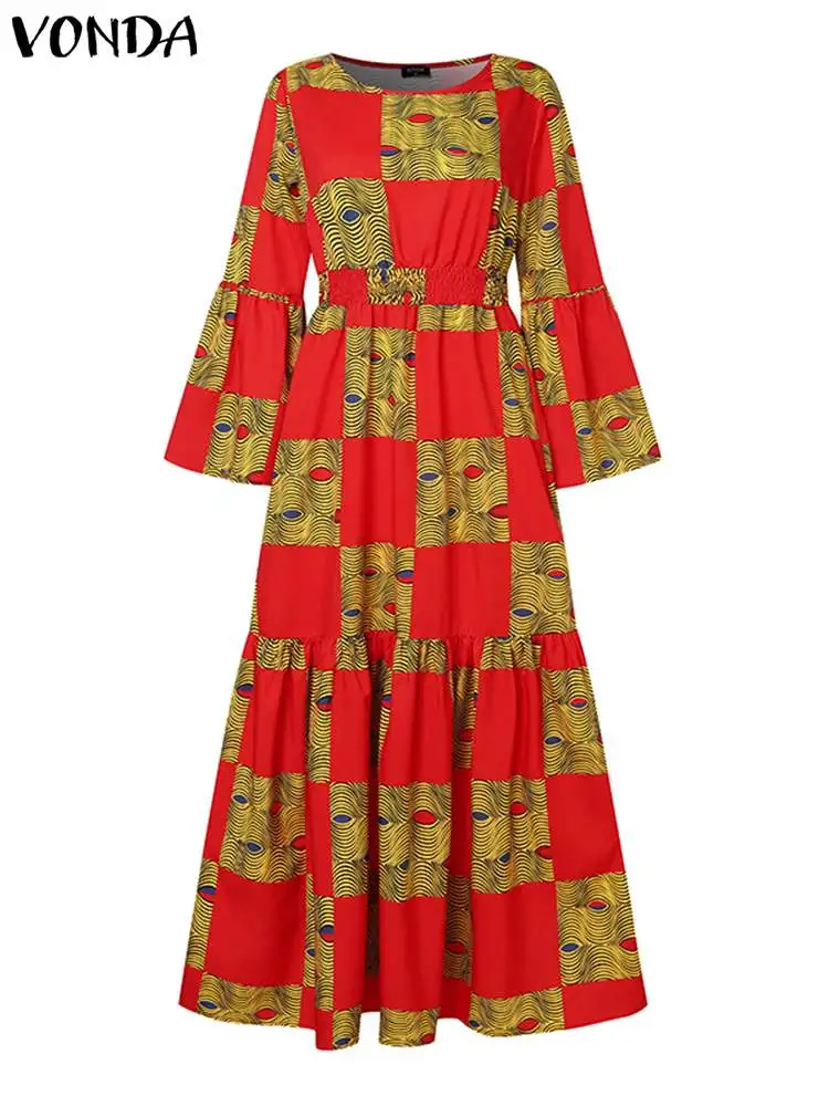 Plus rozmiar 5XL VONDA Fashion Maxi sukienka damska artystyczna z długim rękawem nadruk w stylu Vintage długie sukienki marszczony brzeg Vestido