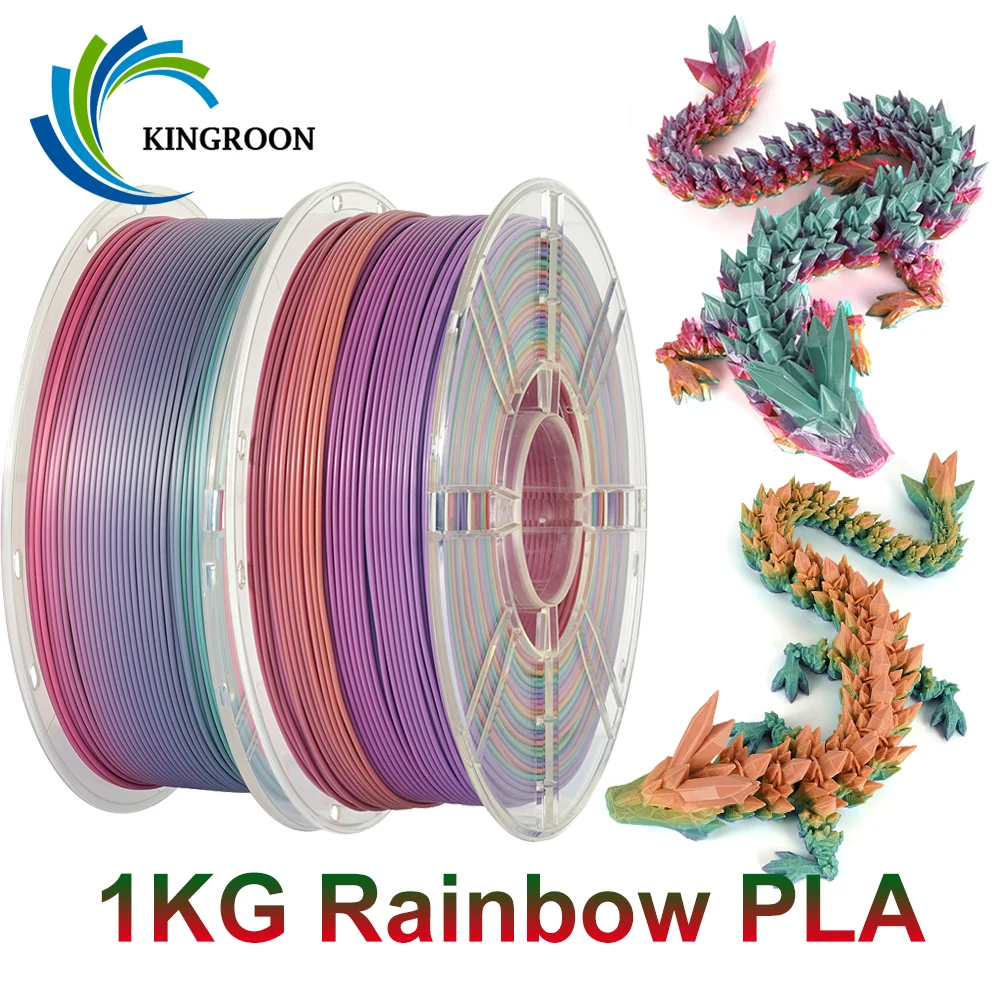 KINGROON PLA Rainbow Filament Silk Rainbow PLA For 3D Printer For 3D Pen For Drawing 1kg 1.75mm Printing Materials Special Color