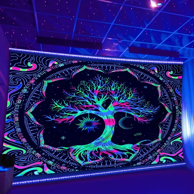 VIKAMA Blacklight Tree of Life Tapestry UV Reactive Neon Mandala Sun Moon Psychedelic Wall Hanging Wall Art Dorm Room Decor