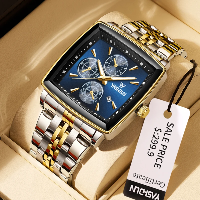 Square Sport Man Wristwatch Waterproof Watch for Man Luminous Chronograph Quartz Men's Watches Stainless Steel Luxury Men Watch