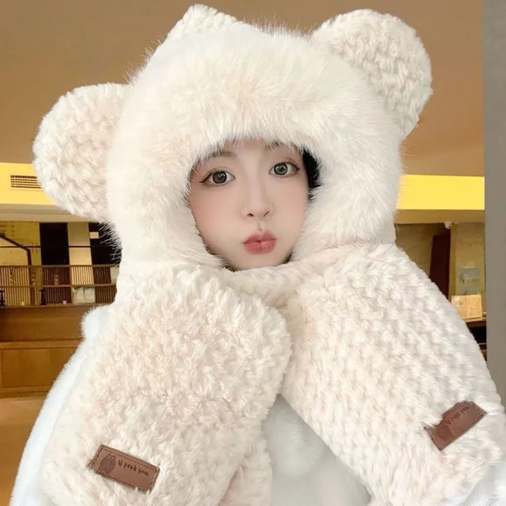 Cute Warm Hooded Scarf Hat Windproof Thickened Winter Hat Scarf Set Integrated Neck Fluffy Soft Bear Ear Beanie for Daily Wear