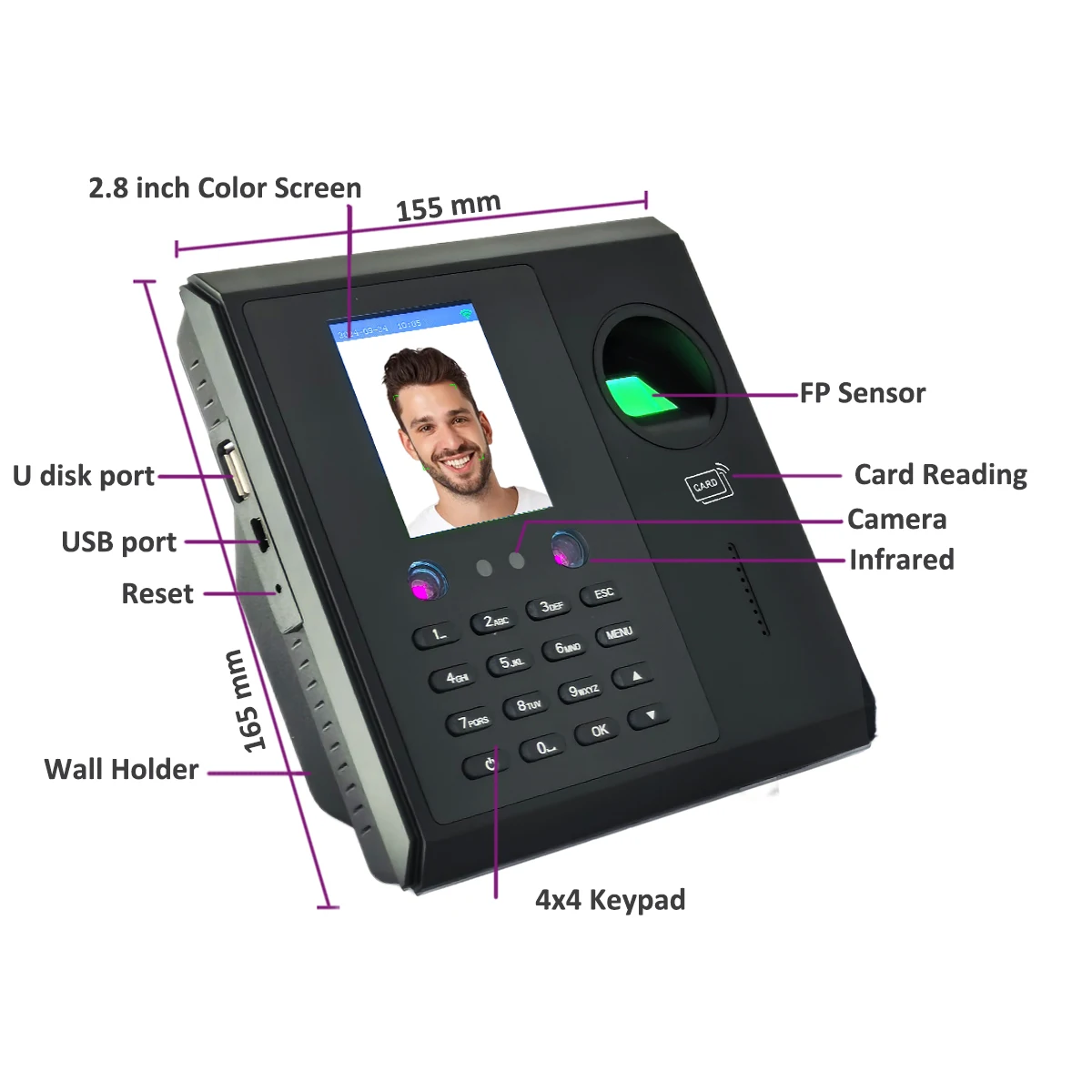 WiFi 2000mAh Battery Facial Face Time Attendance Machine System Fingerprint Employee Electronic Time Clock Management System