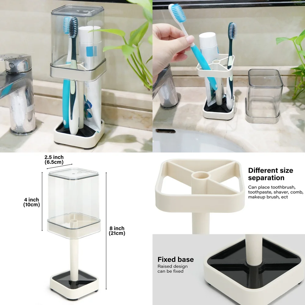 

Freestanding Toothbrush Holder with Cup Lid and Toothpaste Dispenser Bathroom Storage Organizer for Sink Countertop Space Saving