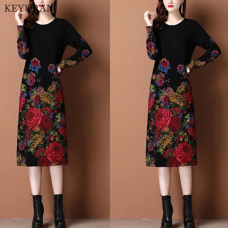 Round Neck Winter Knit Dress Women 2023 Autumn Winter Vintage Printed Long Sleeved Loose Pullover Sweater Dress Over The Knee