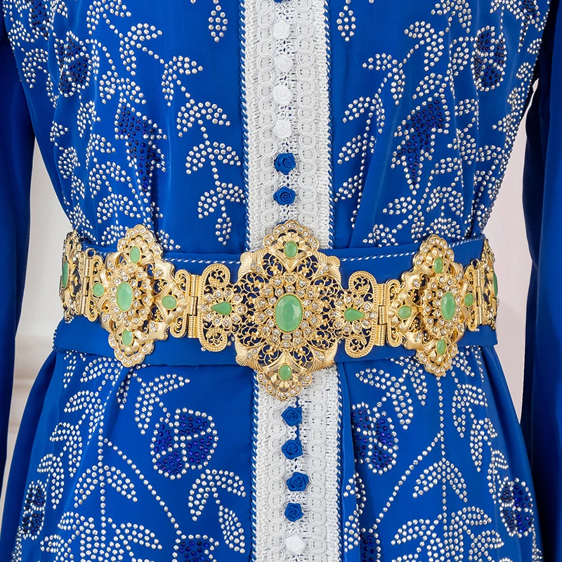 Ornate Golden Floral Waist Belt Emerald & Crystal Embellished Great for Arabian Weddings Banquets Traditional Costumes