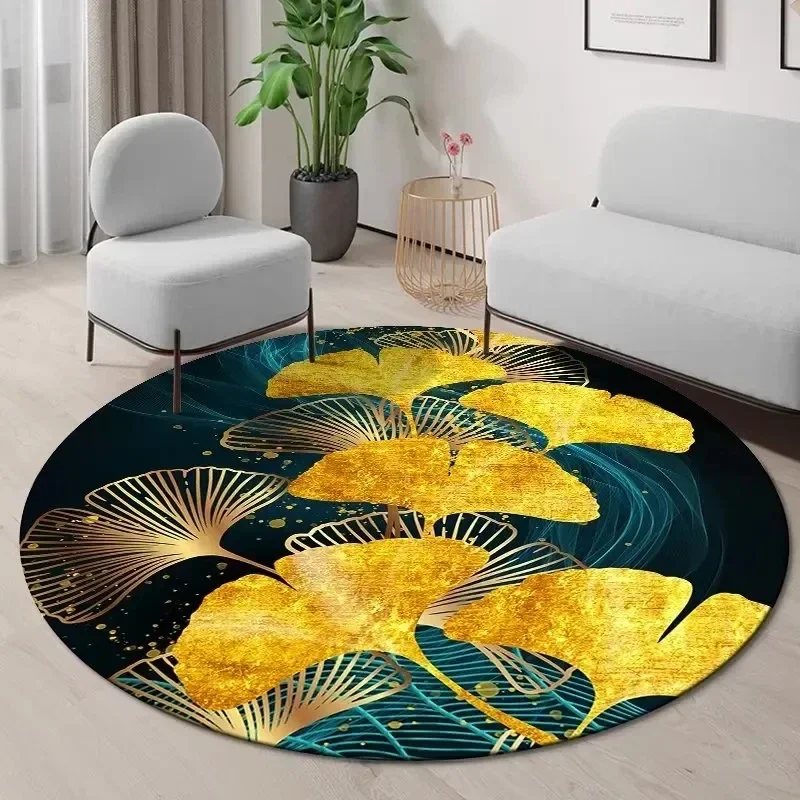 Gold Ginkgo Leaf Round Carpet Abstract Geometric Area Rug for Living Room Bedroom Kitchen Decorative Non-slip Indoor Floor Mat