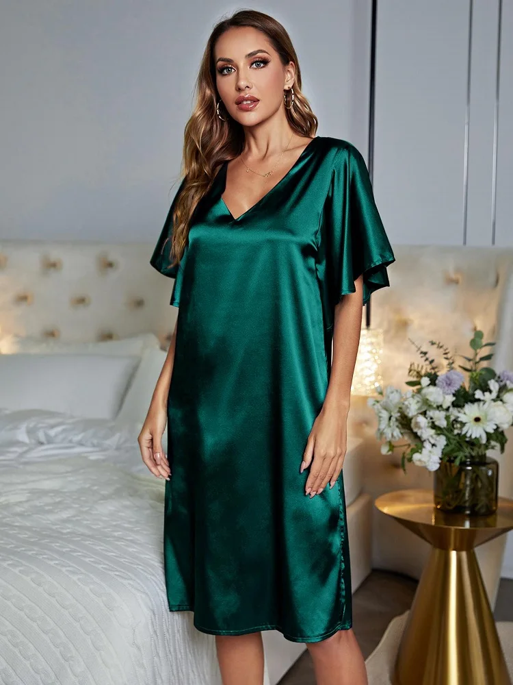 Silk Satin Sleepwear Loose Casual Sexy Home Wear Night Dress Side Split Summer Nightwear Ruffle Sleeve Women\'s Pajamas Underwear