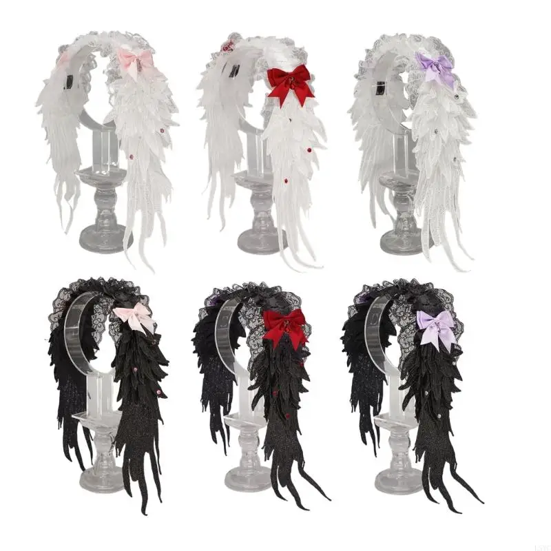 

L5YC Punk Hairband Angel Wing Bowknot Comfortable Fabric Hairband Props
