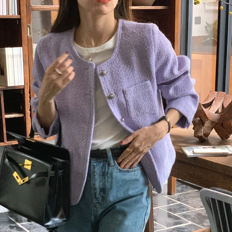 Chaqueta de Tweed Vintage para mujer, abrigo corto de manga larga con cuello redondo y botonadura única, Otoño, 2024