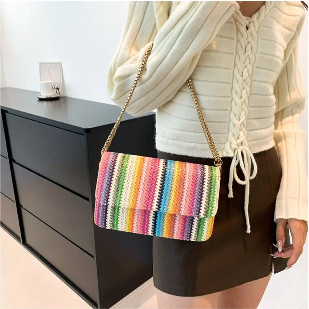 Modna torba na ramię w tęczowe paski modny pasek z łańcuszkiem etui plażowe Vintage słomiane torby typu Crossbody damskie letnie torebki plażowe
