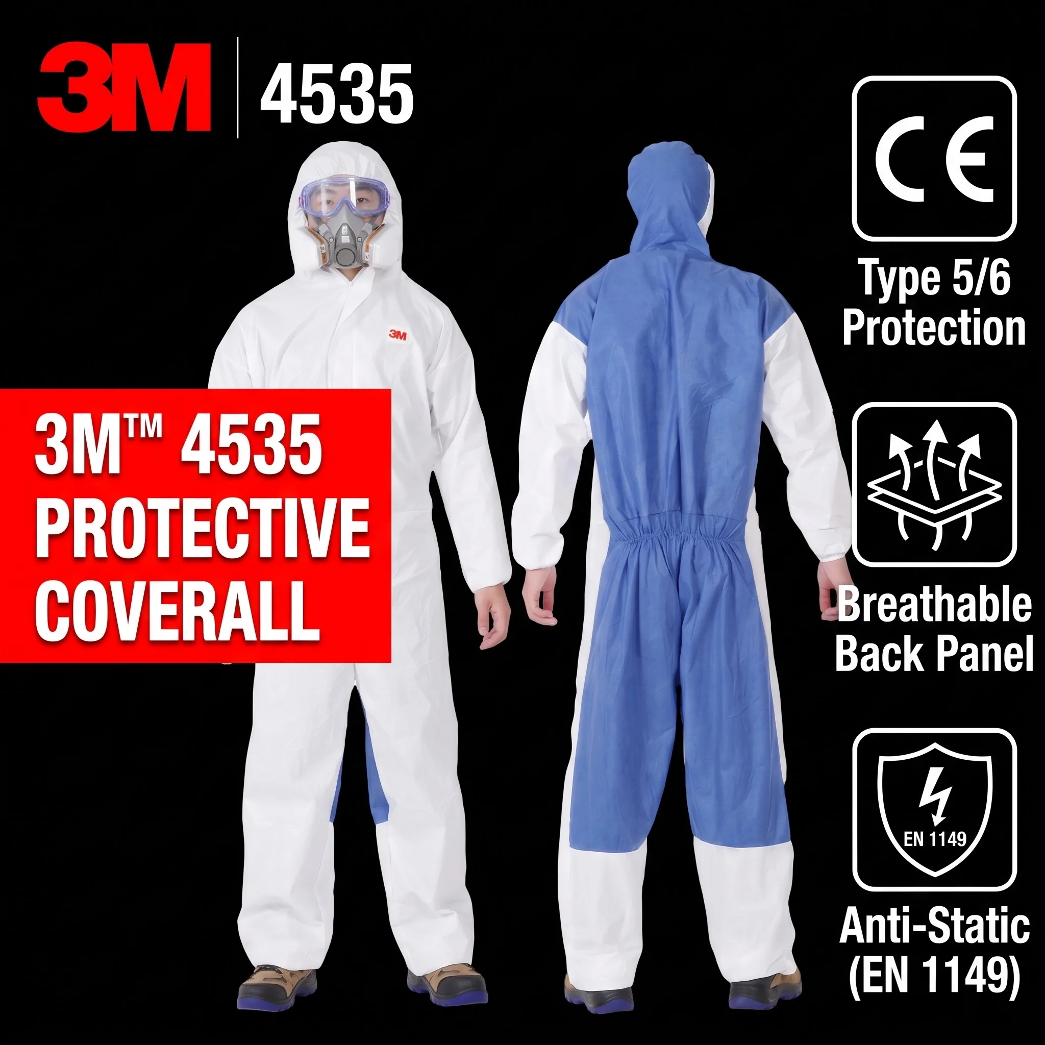 3M 4535 Disposable Protective Coveralls White Hooded Workwear Hazmat Suit Dust Proof Overalls Safety PPE Work Clothes Men Woman