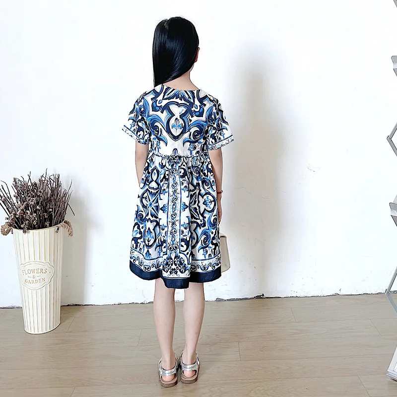 2023 Children\'s Skirts Spring and Summer Girls Cartoon Portrait Print Dress Baby Blue and White Porcelain Suspender Skirt