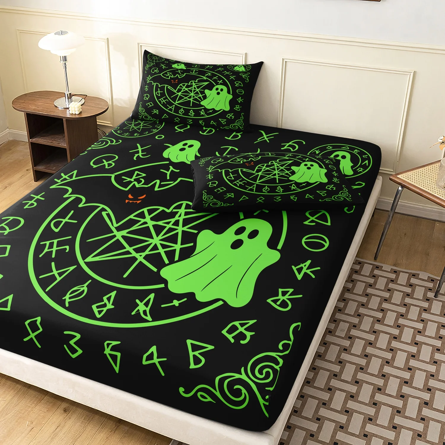 3Pieces Mystical Ghost Gothic Print Fitted Sheet Set, Black Base Green Pentagram Spooky Printed Bedding,Multiple Sizes Available