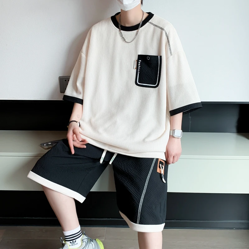 Casual Summer Men\'s Sets Youth Short Sleeve T-Shirts And Elastic Waist Shorts Pant 2 Piece Tracksuit Sreetwear Loose Top Tee Set