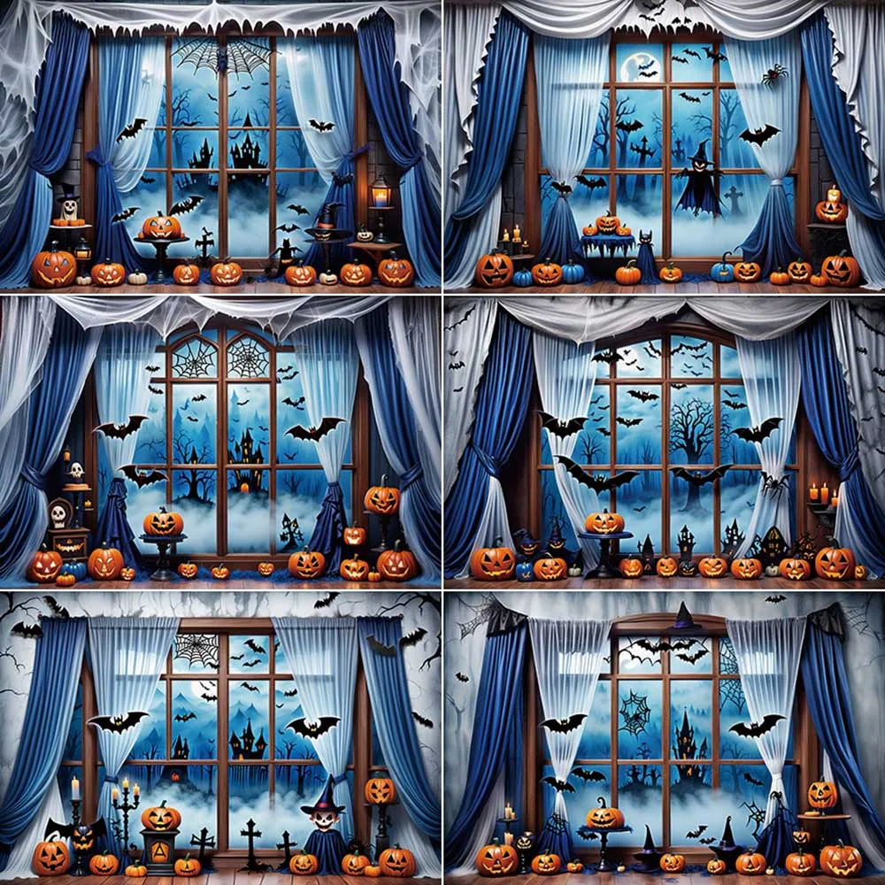 

MOON.QG Halloween Children Vampire Costume Blue Photography Backdrop Castle Pumpkin Photo Zone Background Studio Shooting Props