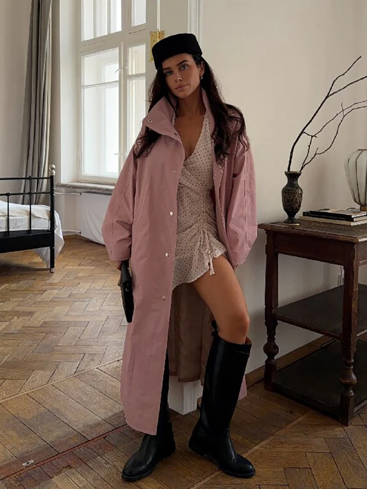 Casual Stand Collar Women Long Trench Coat Single-breasted Lantern Sleeves Pink Windbreaker Jacket Spring Fall Fashion Overcoat