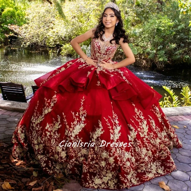 Red Spaghetti Strap Ruffles Quinceanera Dresses Ball Gown Gold Appliques  Lace Beading Sweet 16 Vestidos De 15 Años - Quinceanera Dresses - AliExpress