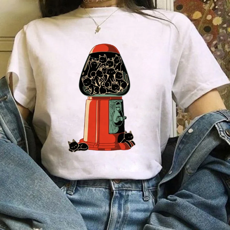 Máquina de chicle de gato negro, ropa bonita de dibujos animados para mujer, cuello redondo, estampado, informal, versátil, manga corta, estilo superior T-Shi