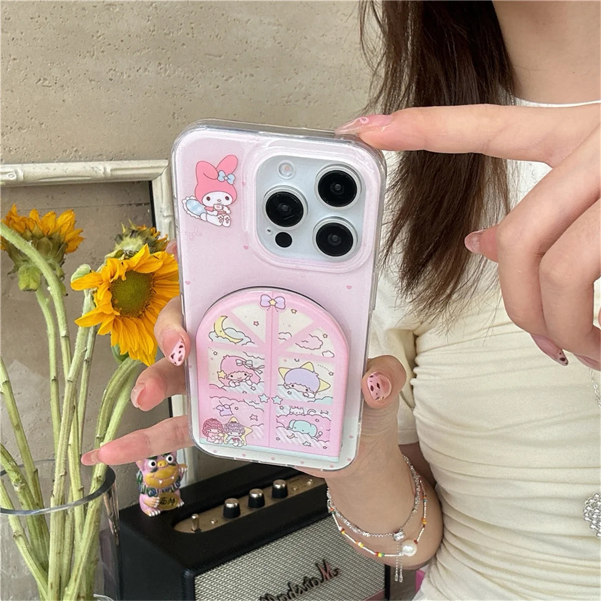 

Fashion Pink Saniro Girl Phone Case For iPhone 16 Pro 13 14 15 Pro Max Back Cover with Mirror Stand Cute Cases
