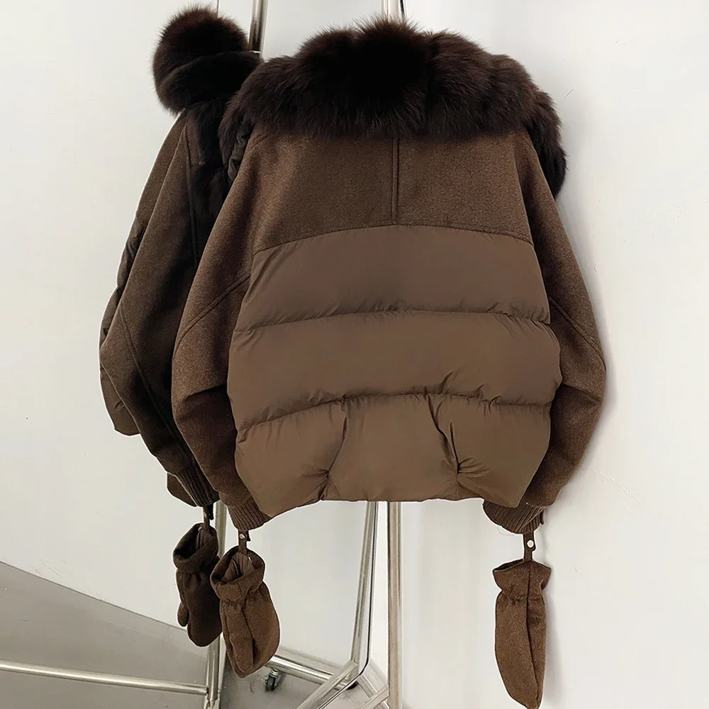 OFTBUY Echter Fuchspelzkragen Daunenjacke mit Abnehmbaren Handschuhen Neue Winterkleidung Damen Patchwork Weiße Entendaunen Kurze Jacke – Detail 9