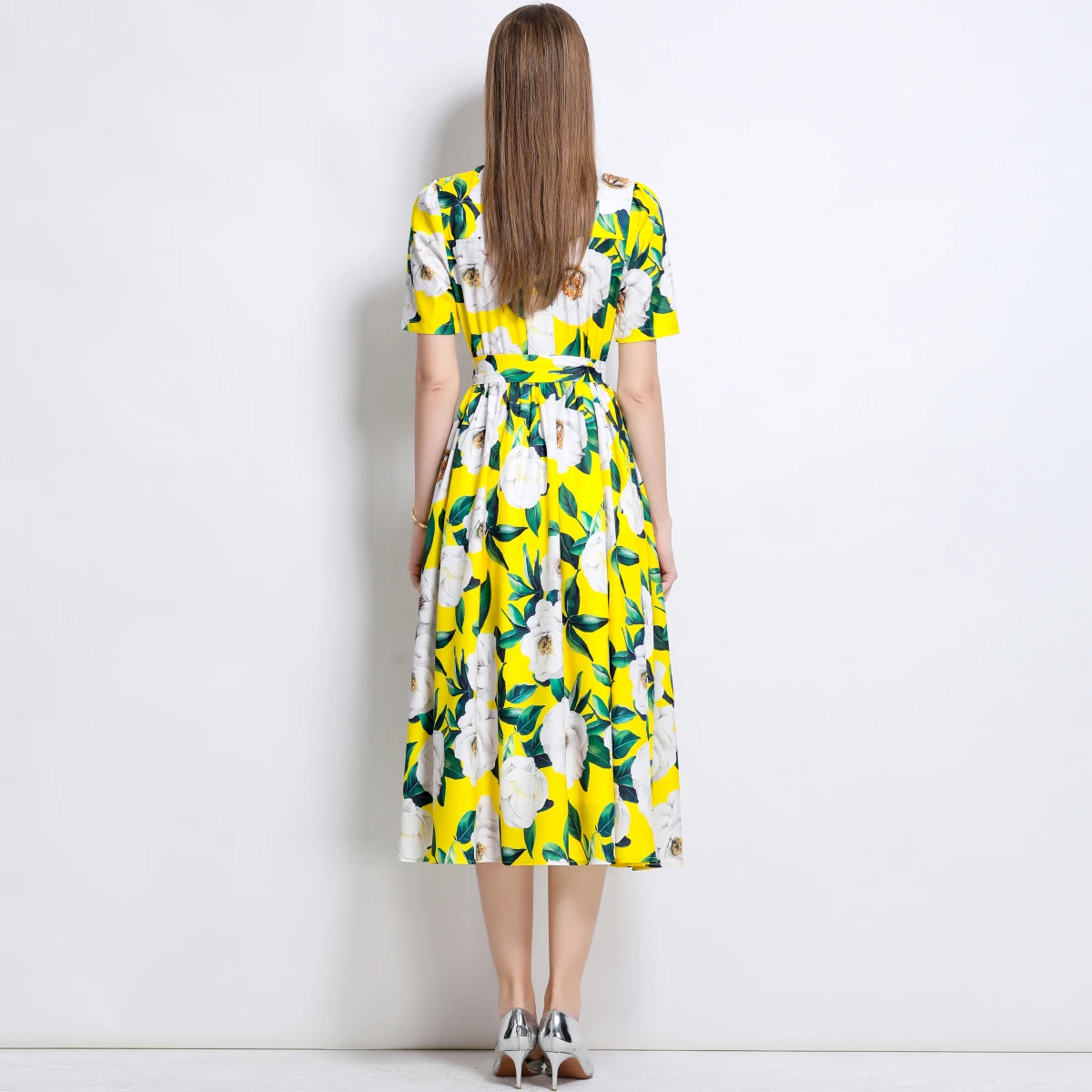 ZJYT Runway Fashion Summer Yellow Flower Print Shirt Dresses for Women Short Sleeve Single Breasted Casual Midi Dress Vestidos