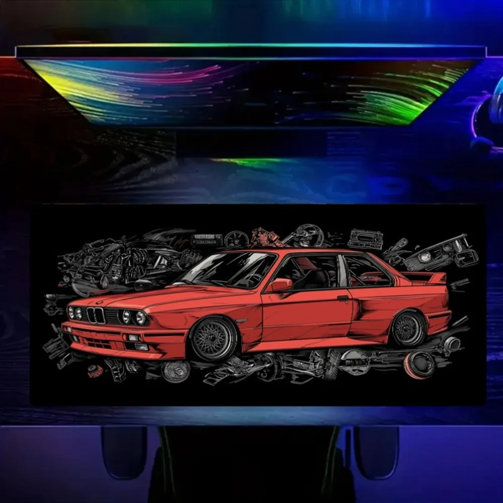Red Car Blue Accents Automotive Large Desk Mat Non-Slip Washable Ergonomic Gift for Birthday Christmas Office Gaming