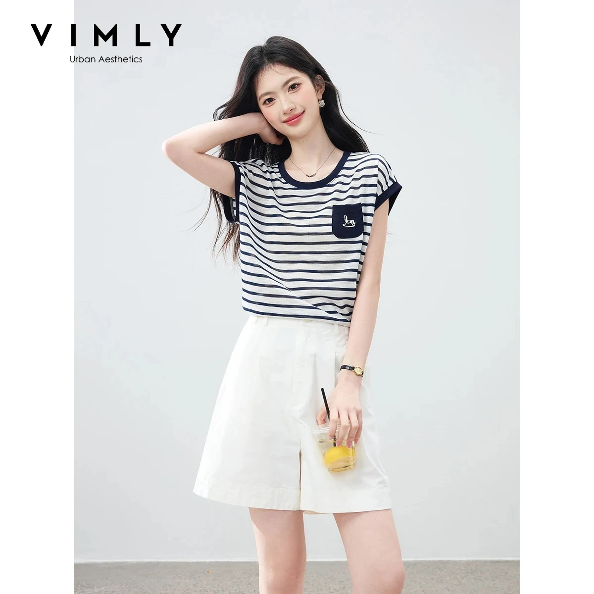 VIMLY Women's Commuter Striped T-shirt Contrasting Color Embroidered Pouch Design Short Sleeve Top 2026 Summer New Tee 31266