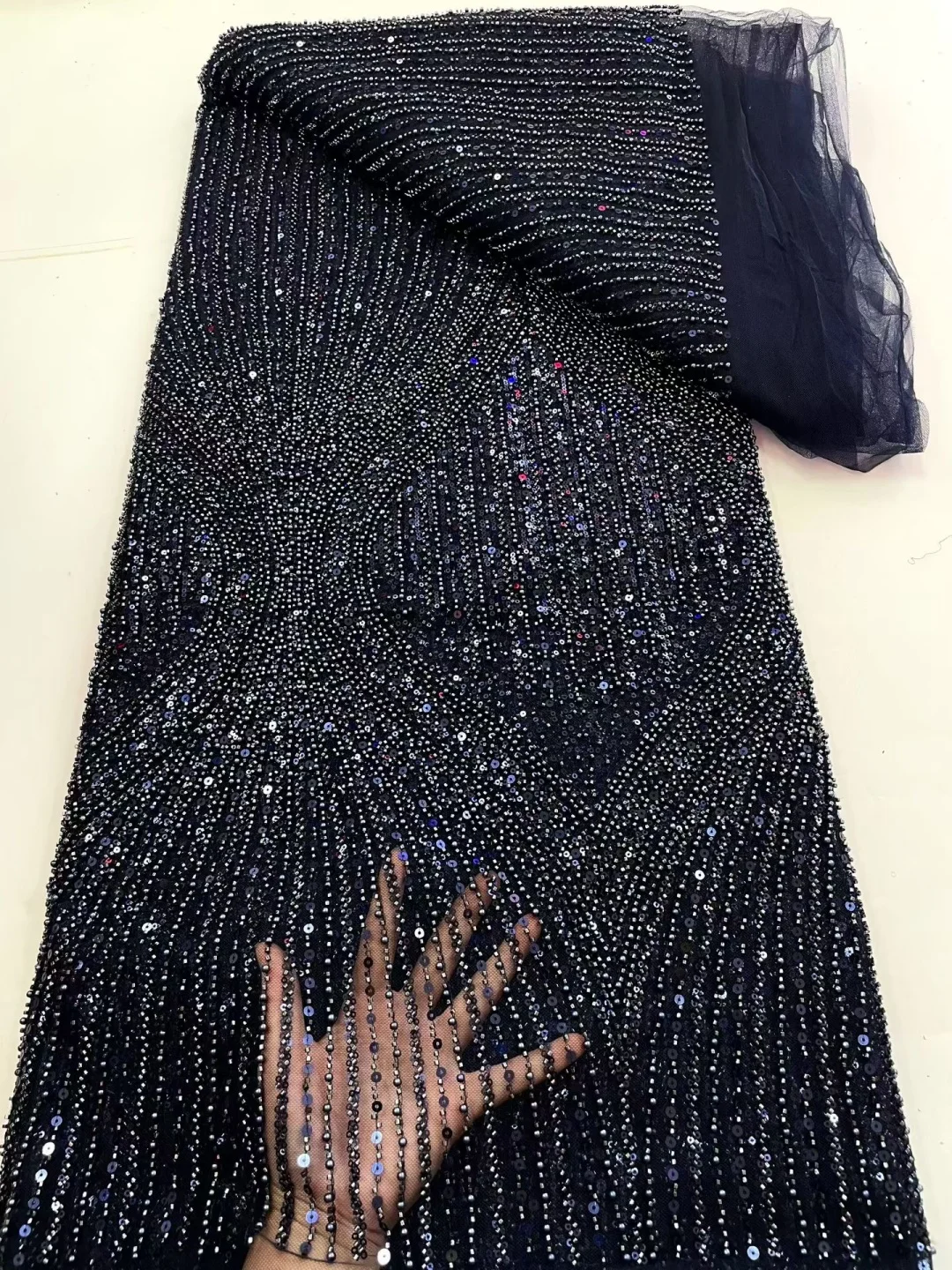 Latest French gold embroidered tulle mesh fabric, Nigerian thread shaped beads luxury sequined evening gown sewn AT2906