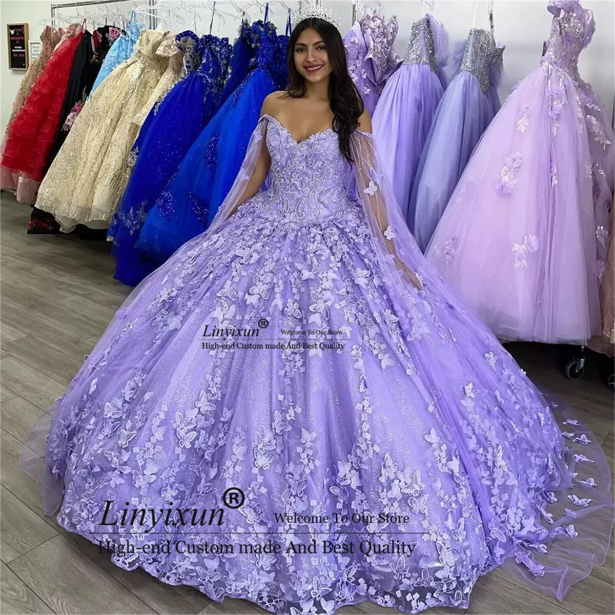 Abiti Quinceanera farfalla lavanda messicana con Applique in pizzo mantello dolce 16 abiti da ballo 2024 abiti da 15 Anos