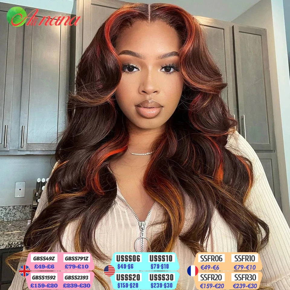 

32 Inch Highlight Copper Cosmic Yellow Colored Human Hair For Women Body Wave Pre-Plucked Transparent 13x4 13x6 Lace Frontal Wig