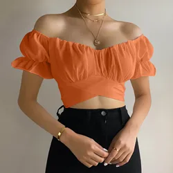 Puff Sleeve Off Shoulder Crop Tops Women Sexy Solid Short Sleeve Tube Blouse Tops Loose Casual Clubwear Summer Shirt Y2k Cropped