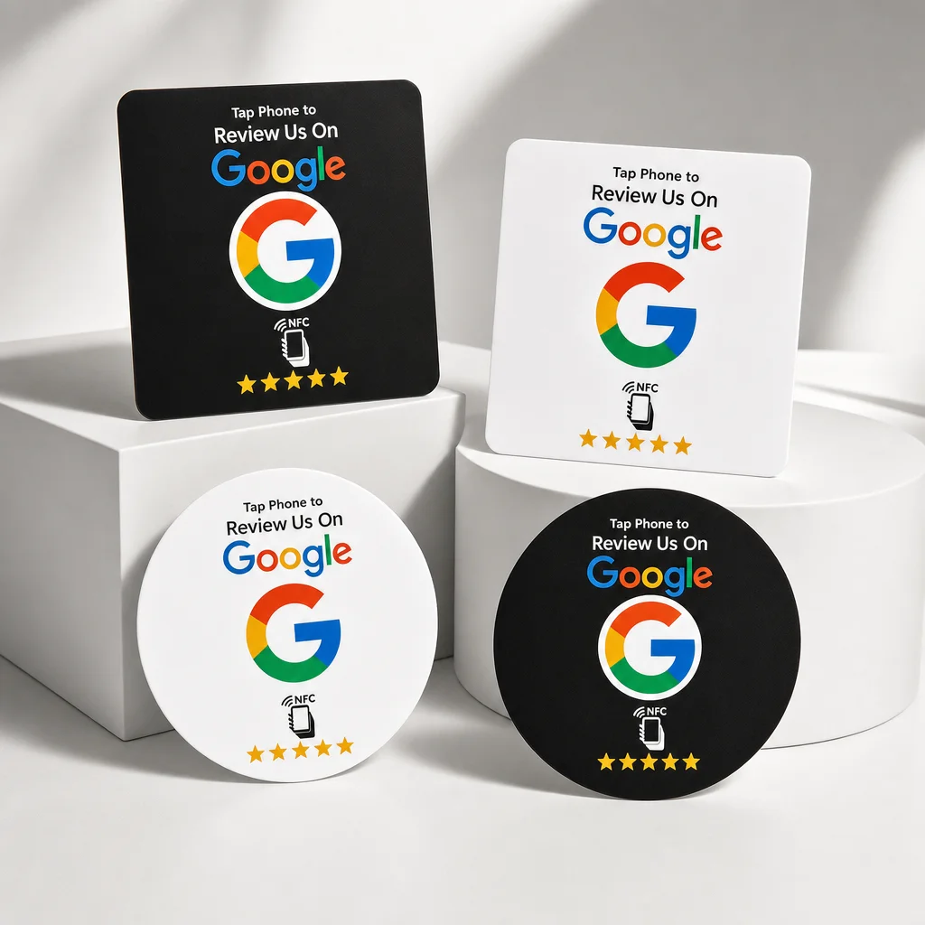 nfc-google-review-card-sticker-ntag215-chip-tap-to-review-100x100mm-waterproof-pvc-table-wall-plaque-for-restaurant-cafe-retail