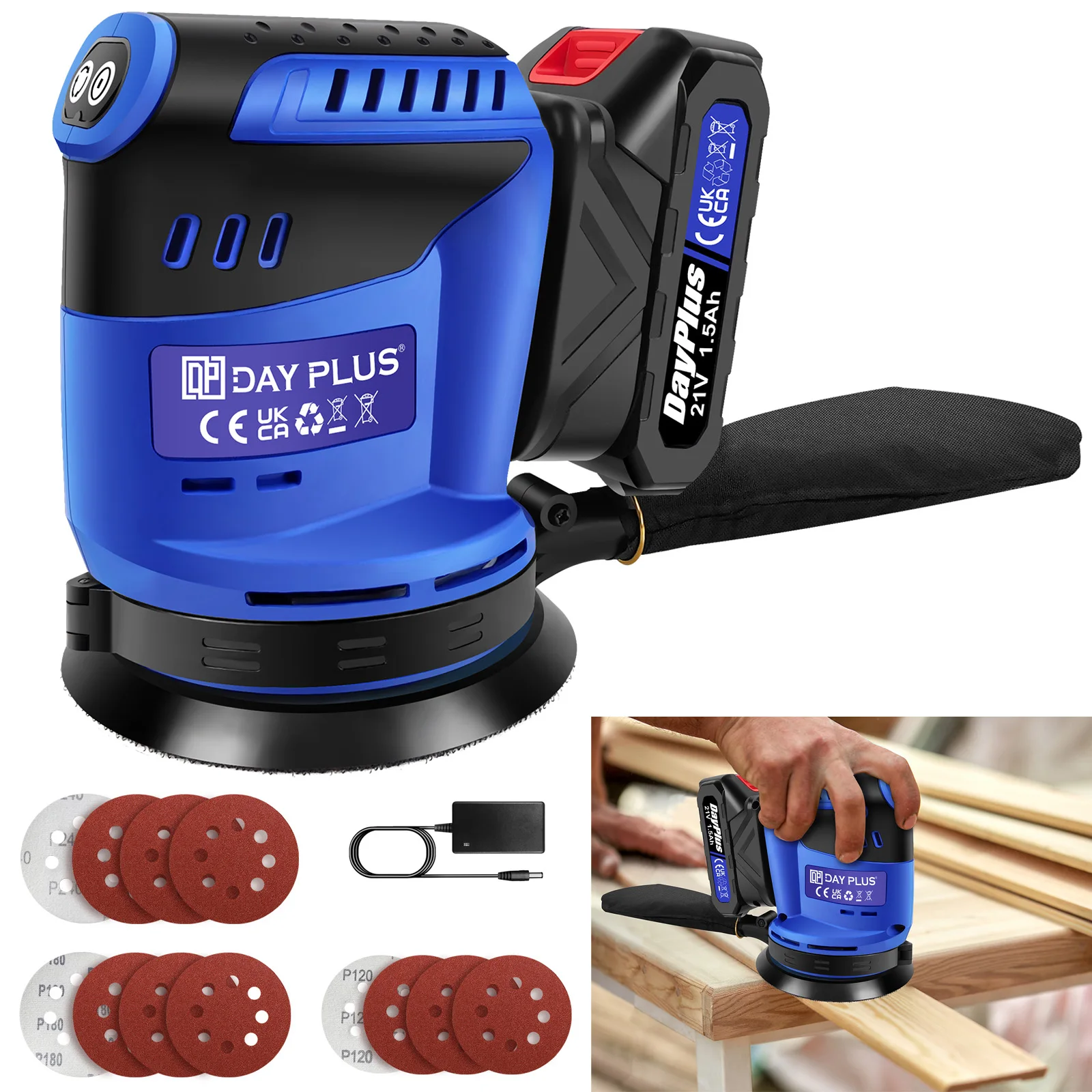 Zufälliger Orbit-Schleifer 3000 W mit 12 Schleifpapier, 3 variablen Geschwindigkeiten (7000/9500/11000 OPM), 125 mm Hand-Elektrowerkzeug, mit Batterie