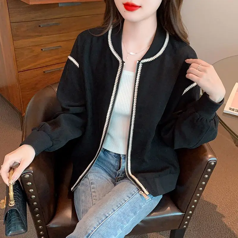 Women\'s Spring Autumn Solid Round neck Zipper Cardigan Lantern Long Sleeve Baseball Suit Coats Fashionable Casual Loose Tops