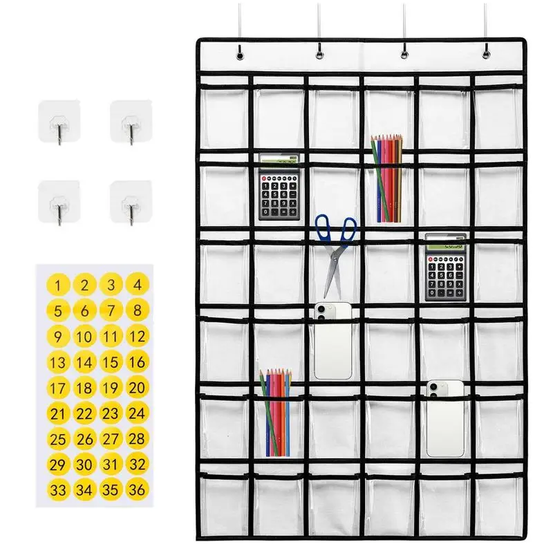 Classroom Pocket Chart for Phone Calculator Holder Over The Door Hanging Closet Jewelry Organizer with 36 Clear Pockets