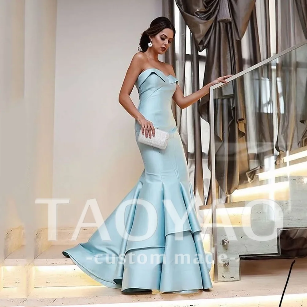 

Sky Blue Satin Mermaid Evening Dresses Tiered Off Shoulder Formal Prom Dresses Elegant Wedding Party Guest Gowns Customized