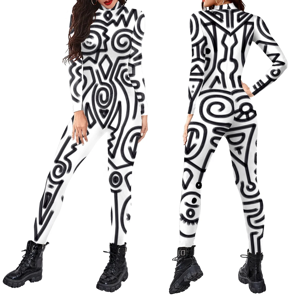 

Zawaland Women Fashion Bodysuit Long Sleeve Abstract Printing Party Jumpsuit Holiday Party Funny Cosplay Costumes Performance