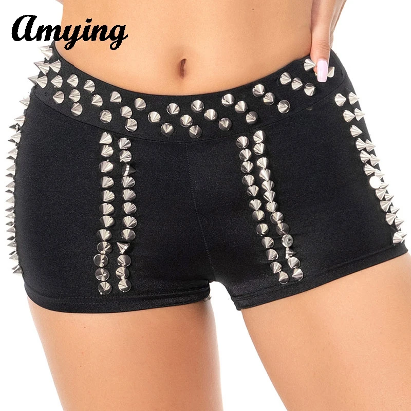 Calças de dança com rebite para mulheres Leggings de performance de palco Roupas de palco inferior Punk Rivet Hot Pants