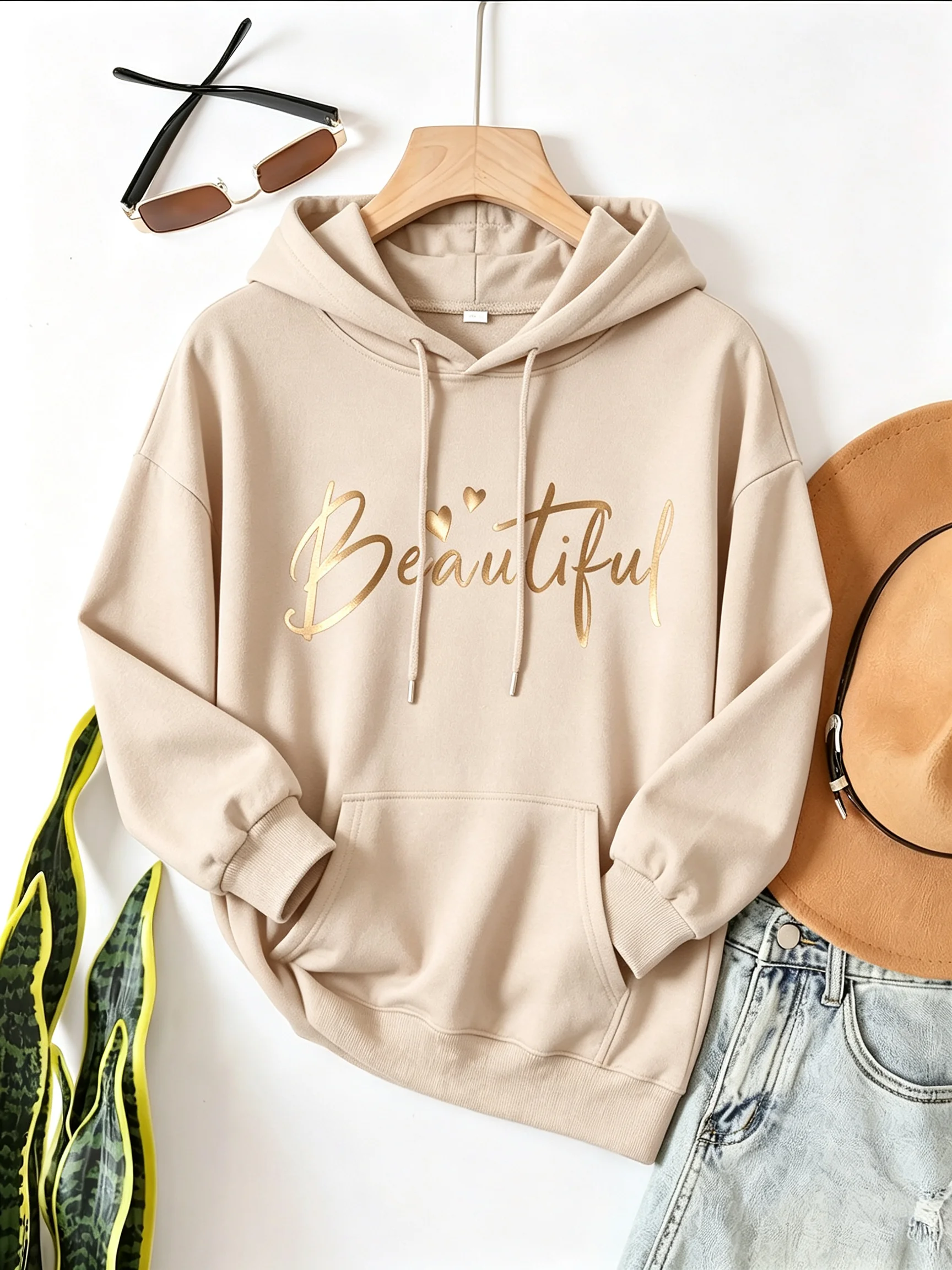 Exquisite gold letter printed women's long-sleeved hoodie - Casual patterned top sweatshirt hoodie clothes winter clothes women