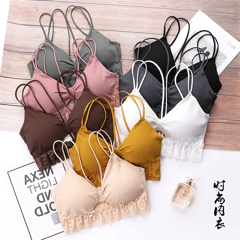 Soutien-gorge en dentelle à rayures filetées pour fille, bretelles spaghetti, lettres anglaises, enveloppé poitrine, beauté dos, sous-vêtements de sport, sexy