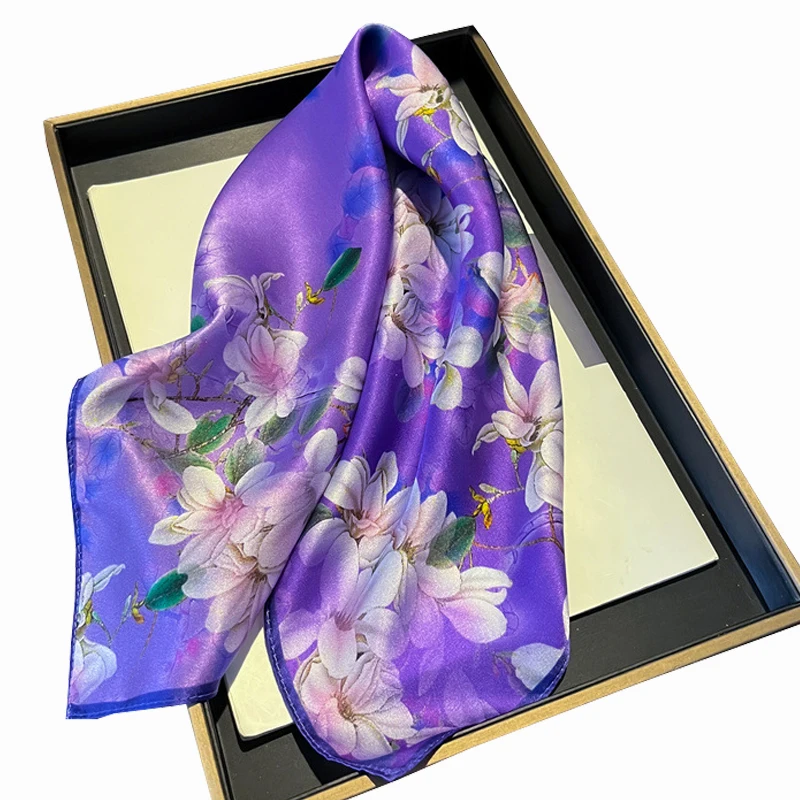 2024NEW Top Bright Color Flowers 100% Real Silk Scarf For Women Mulberry Silk 53CM Small Square Ladies Scarves Hair Neck Scarf