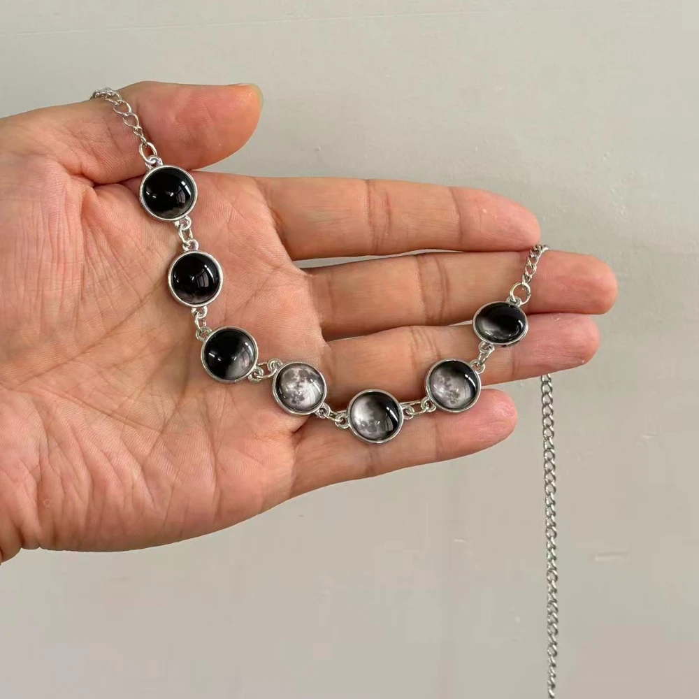 Gothic Y2k Moon Phase Choker Silver Tone Lunar Cycle Celestial Necklace for Women Witchy Wiccan Halloween Party Jewelry Gifts