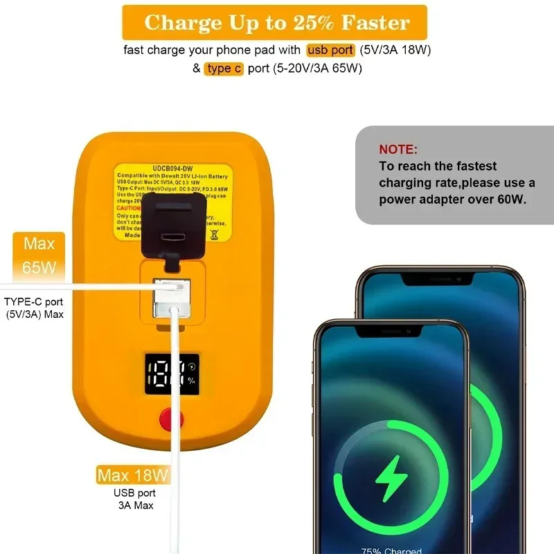 Adapter Charger for Makita/Bosch/Milwaukee/Dewalt 18V Li-ion Battery With USB Type-C Input Output Charger Fast Charging