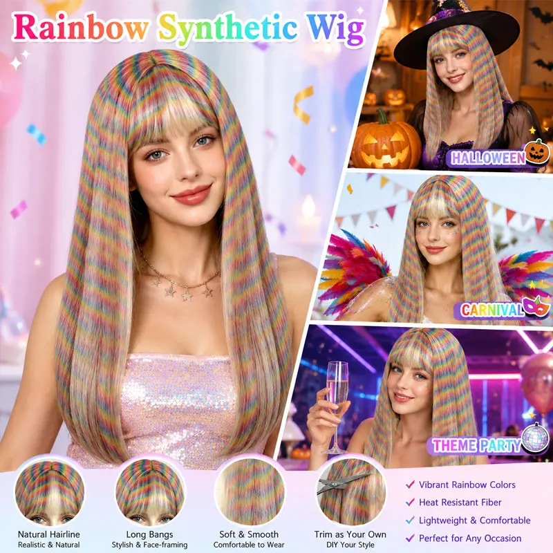 虹色のグラデーションストライプのロングストレート合成ウィッグ（前髪付き）カラフルなヒッピー女性用カーニバル・ハロウィン・パーティー・フェスティバルコスプレ