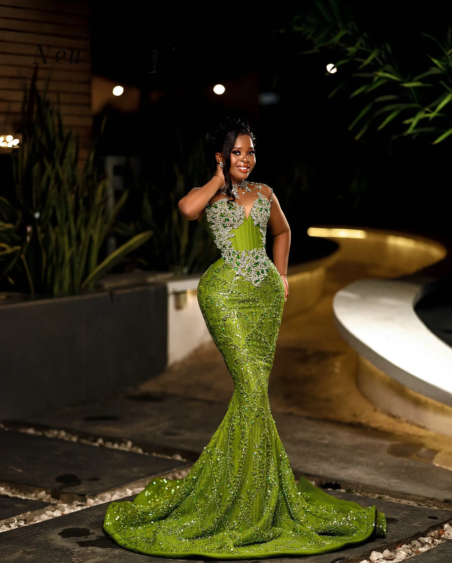 Apple Green Aso Ebi Style Mermaid Prom Dresses African Sheer Long Sleeves Plus Size Crystals Beaded Wedding Evening Party Gowns