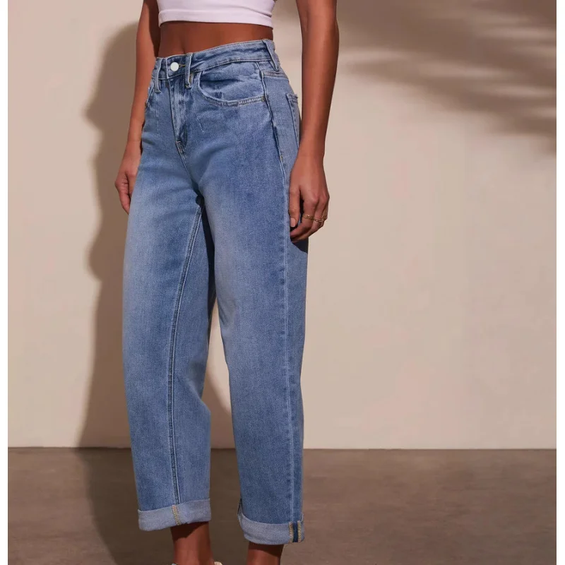 

Женские новые эластичные прямые повседневные длинные брюки с закрученным подолом в европейском и американском стиле, джинсы с девятью точками